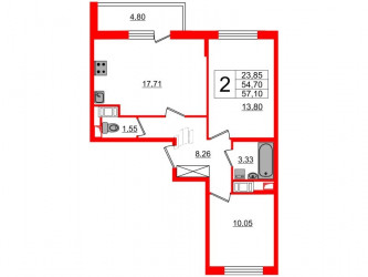 Двухкомнатная квартира 54.1 м²